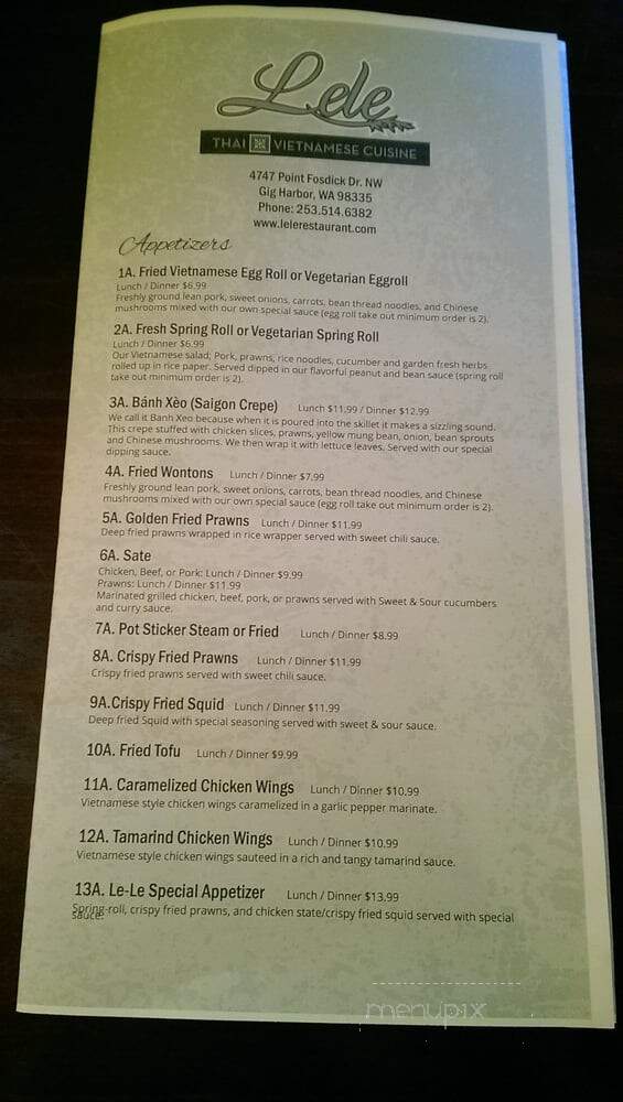 Le-Le Restaurant - Gig Harbor, WA menu_pic