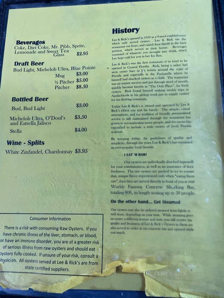 Lee & Rick's Oyster Bar - Orlando, FL menu_pic