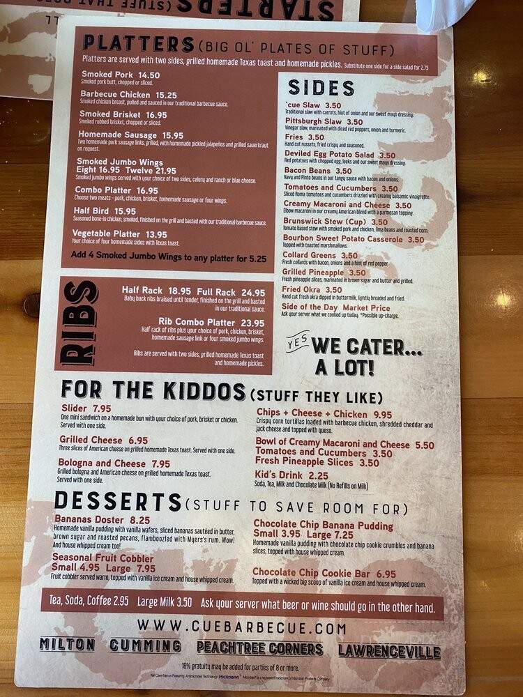 'Cue Barbecue - Milton, GA menu_pic