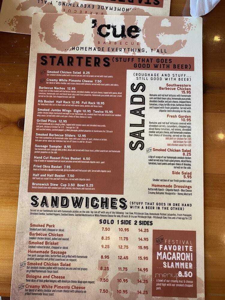 'Cue Barbecue - Milton, GA menu_pic