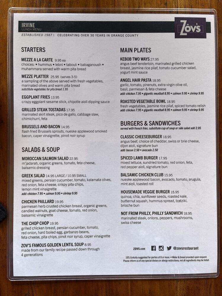 Zov's Cafe Bakery & Bar - Irvine, CA menu_pic