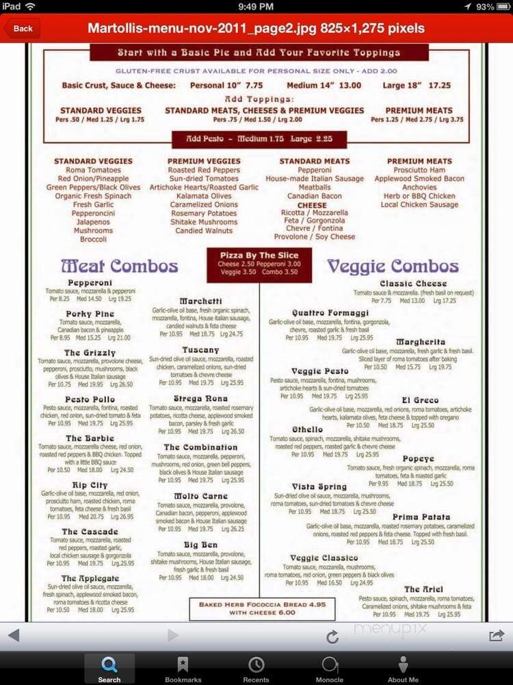 Martolli's Hand Tossed Pizza - Ashland, OR menu_pic