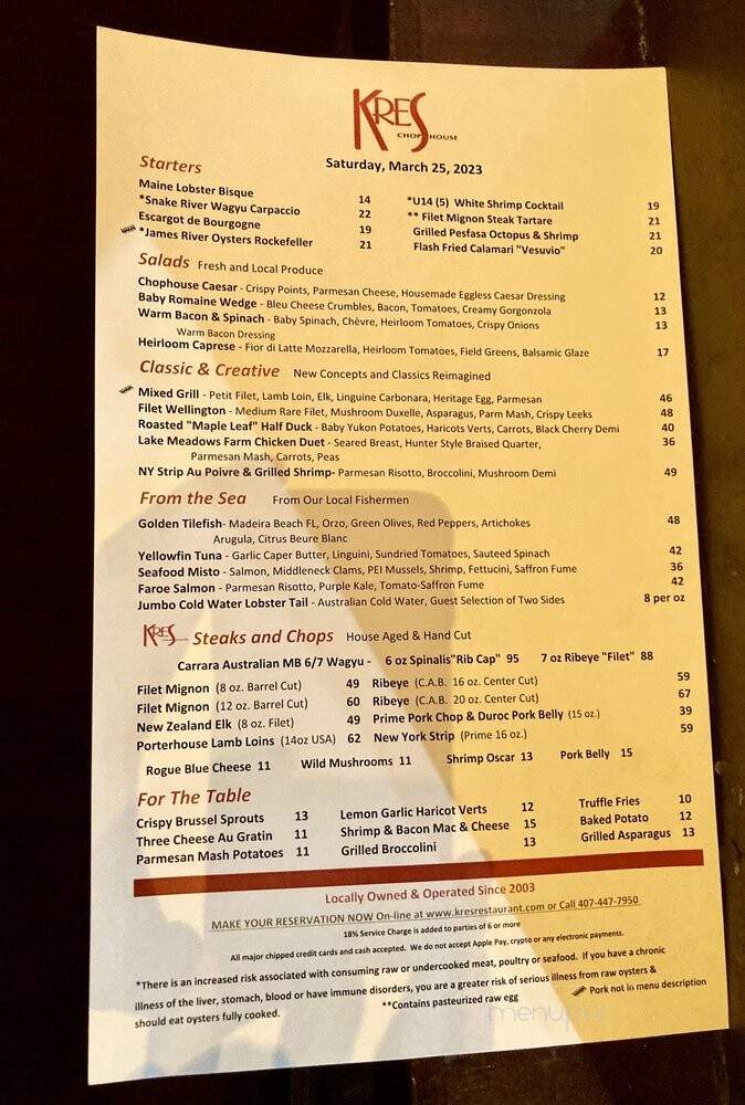 Kres Chophouse - Orlando, FL menu_pic