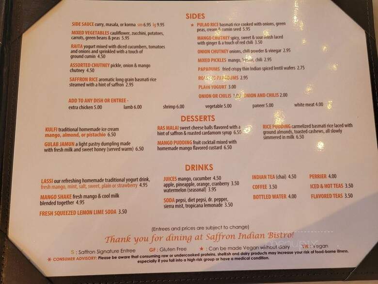 Saffron Indian Bistro - Tucson, AZ menu_pic