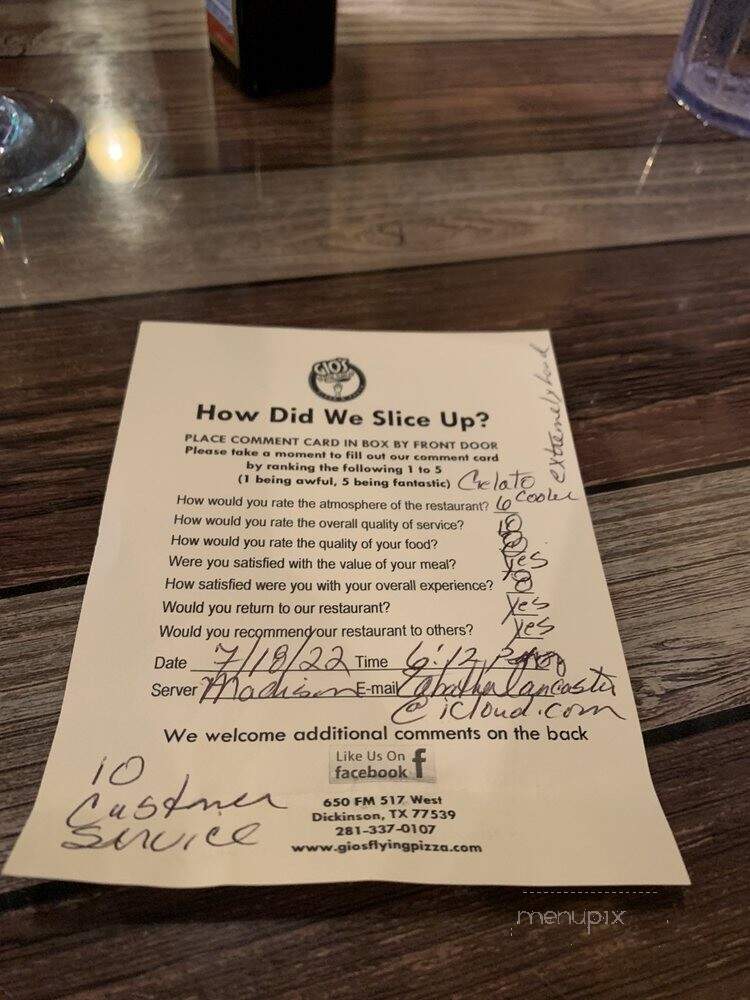 Gio's Flying Pizza & Pasta - Dickinson, TX menu_pic