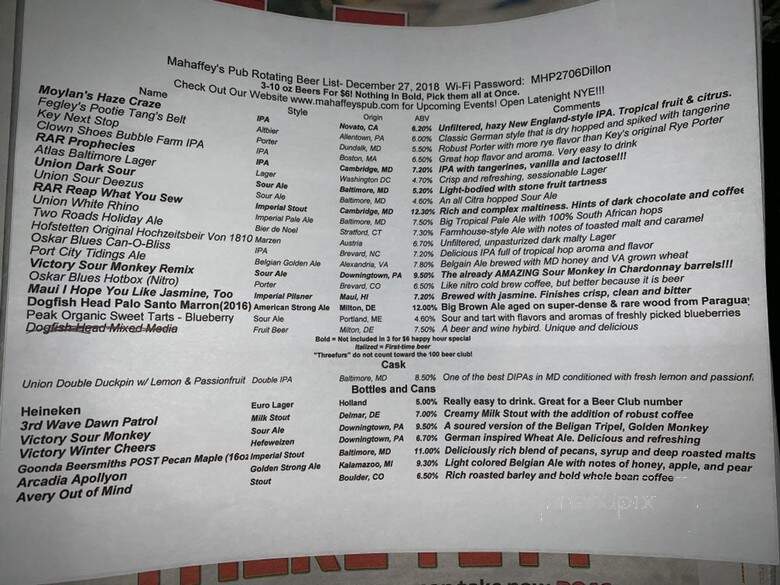 Mahaffey's Pub - Baltimore, MD menu_pic