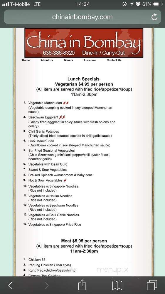 China in Bombay - Manchester, MO menu_pic