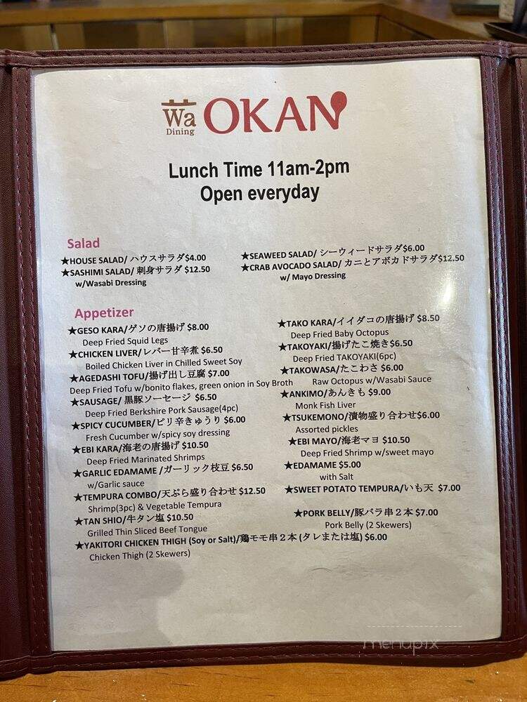 Wa Dining Okan - San Diego, CA menu_pic