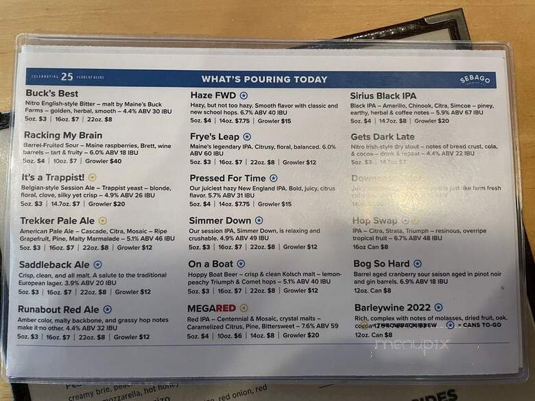 Sebago Brewing Company - Kennebunk, ME menu_pic