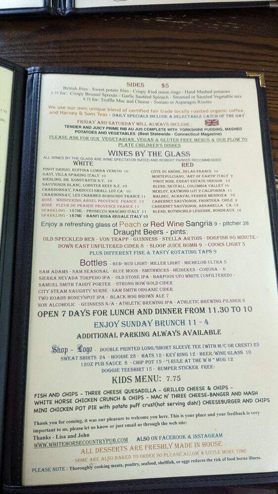 White Horse Country Pub & Restaurant - Milford, CT menu_pic