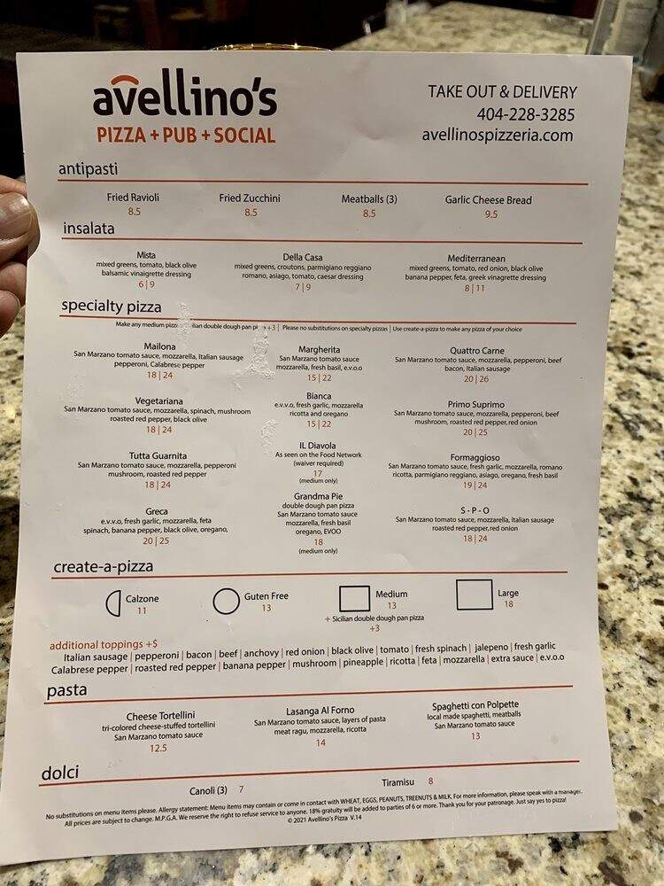Avellinos Pizza - Decatur, GA menu_pic