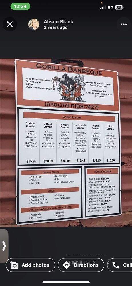 Gorilla Barbeque - Pacifica, CA menu_pic