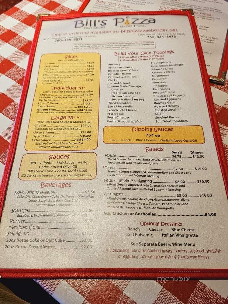 Bill's Pizza - Palm Springs, CA menu_pic