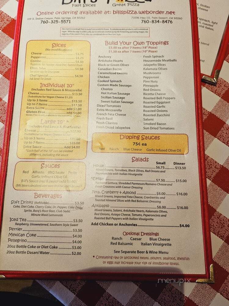 Bill's Pizza - Palm Springs, CA menu_pic