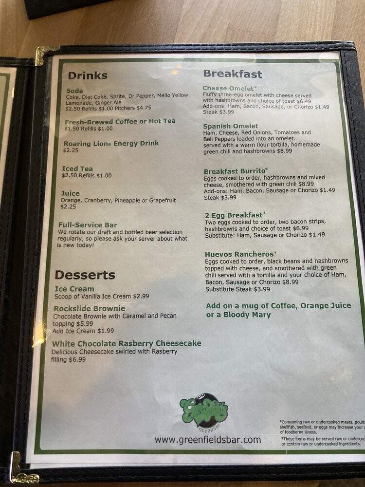 Greenfields Pool & Sports Bar - Lakewood, CO menu_pic