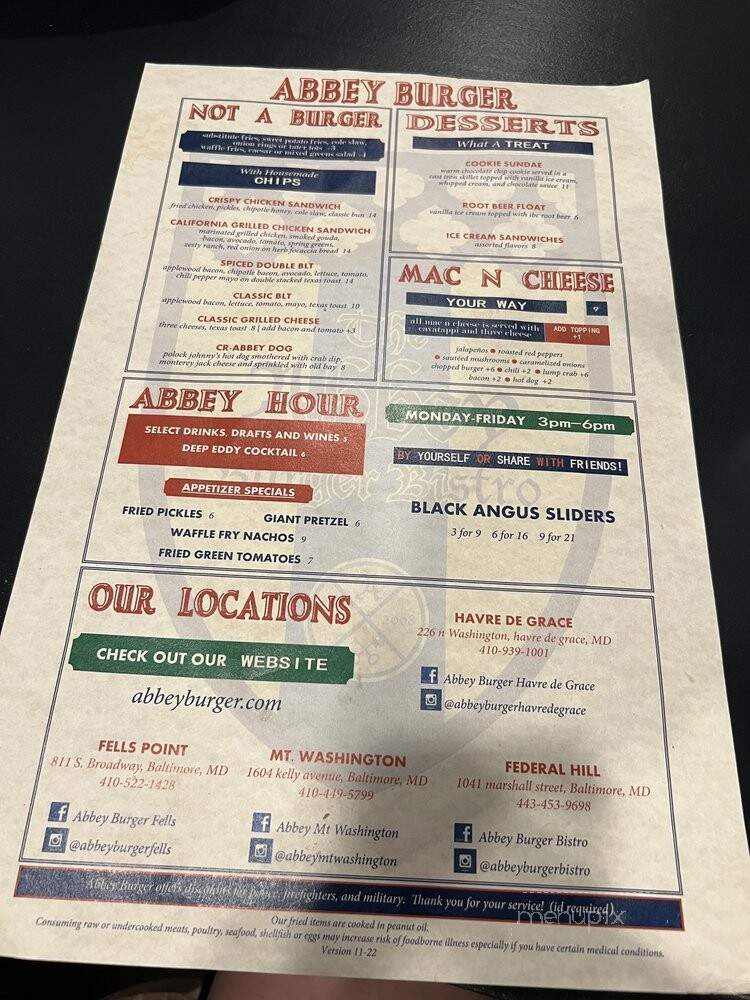 Abbey Burger Bistro - Baltimore, MD menu_pic