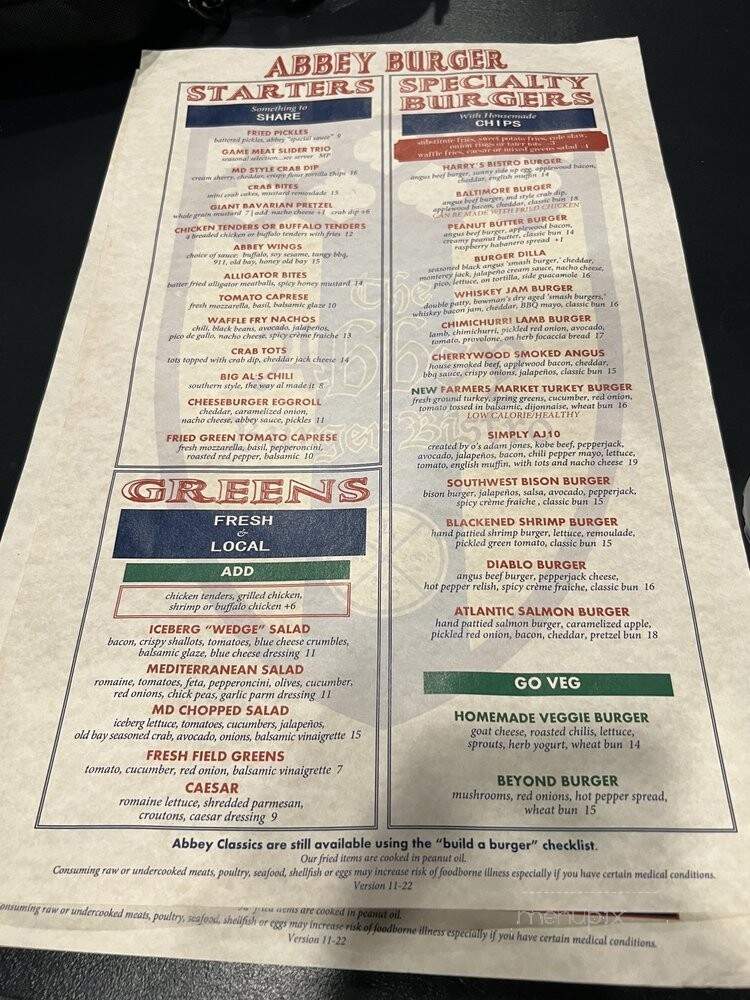 Abbey Burger Bistro - Baltimore, MD menu_pic
