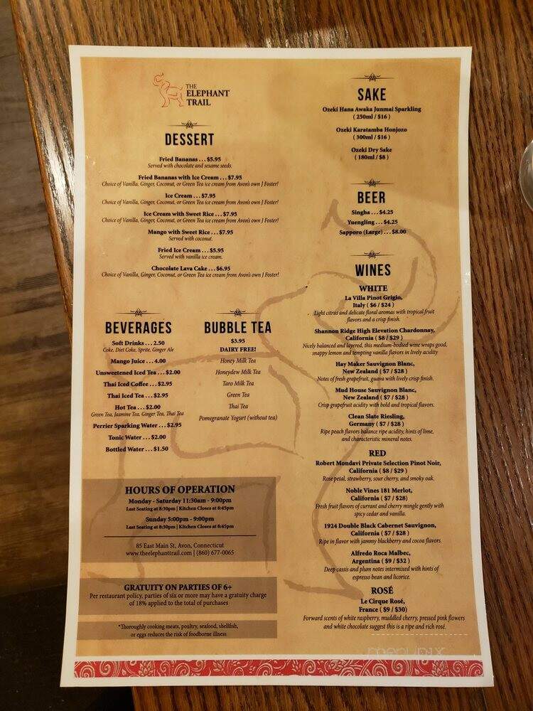 The Elephant Trail Thai Restaurant - Avon, CT menu_pic