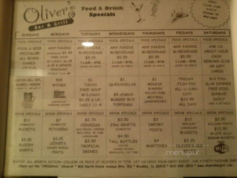 Oliver's Bar & Grill - Oak Forest, IL menu_pic