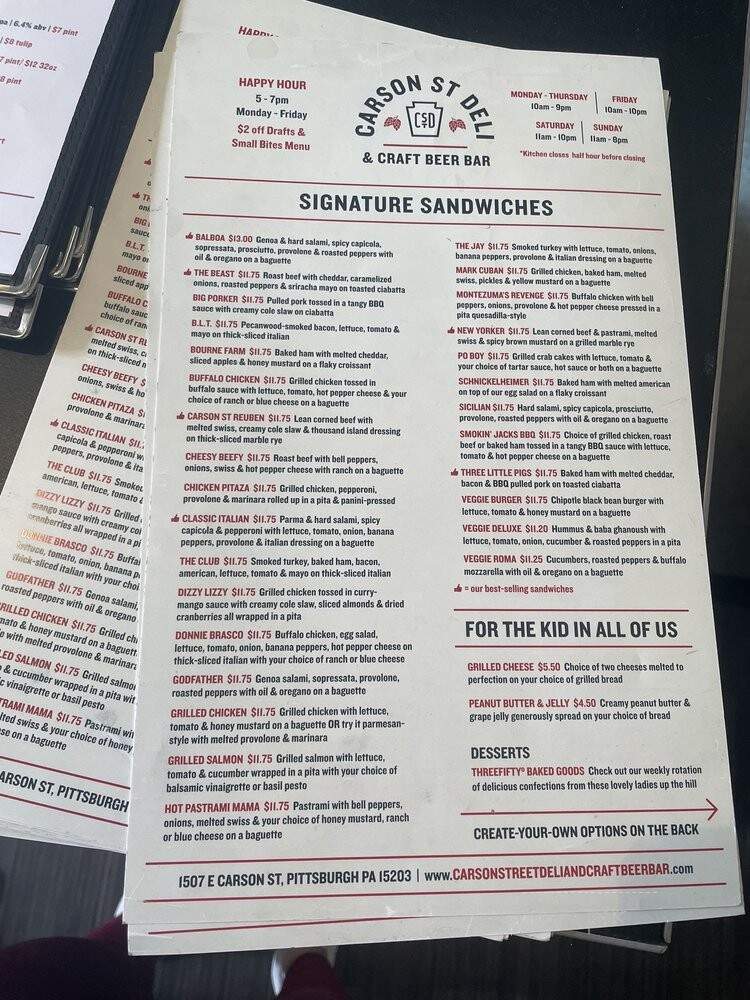 Carson Street Deli Pool & Pub - Pittsburgh, PA menu_pic