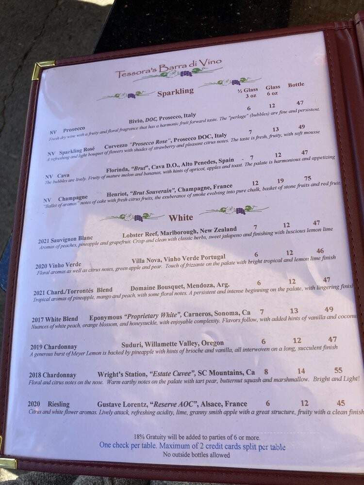 Tessora's Barra di Vino - Campbell, CA menu_pic