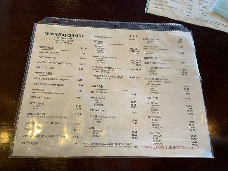 Win Thai Cuisine - Anaheim, CA menu_pic