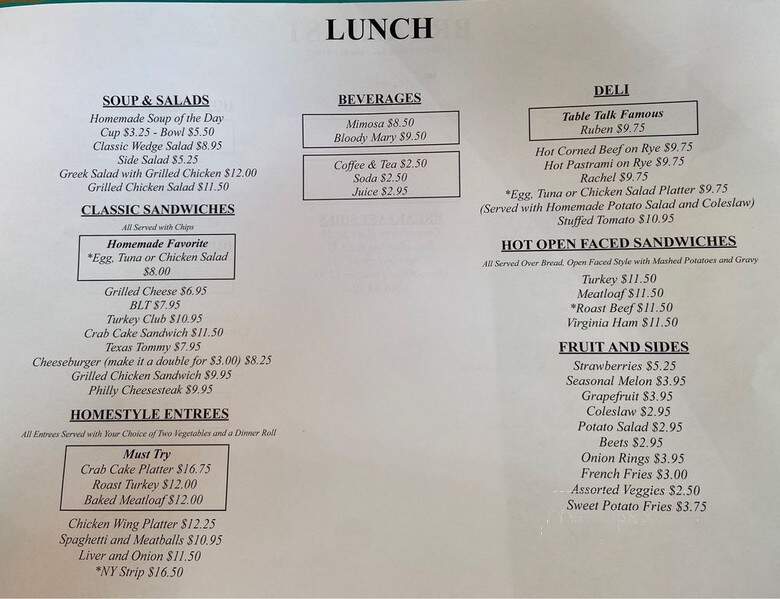 Table Talk Restaurant - Alexandria, VA menu_pic