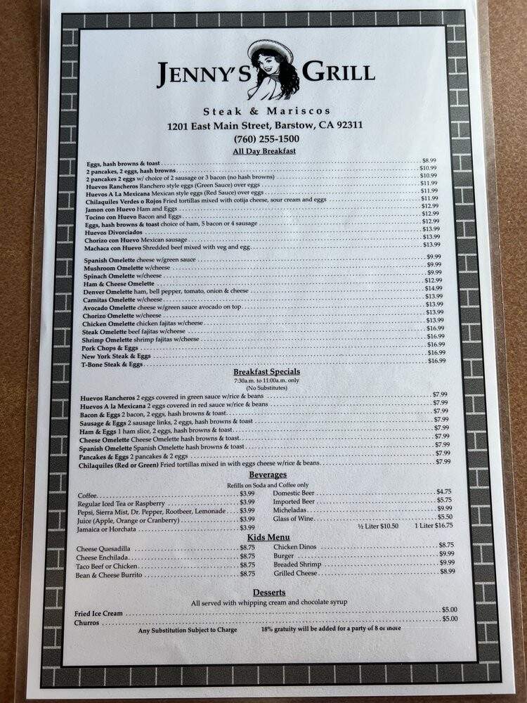 Jenny's Grill -steak and mariscos - Barstow, CA menu_pic
