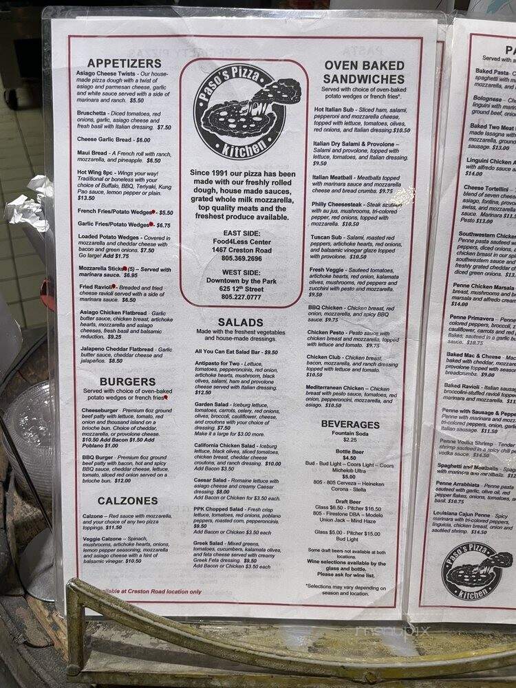 Paso's Pizza Kitchen - Paso Robles, CA menu_pic