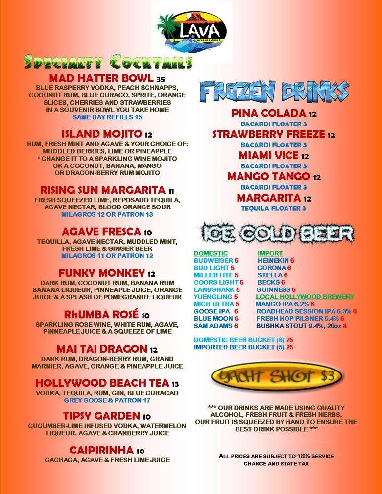 Lava Tiki Bar Grille - Hollywood, FL menu_pic