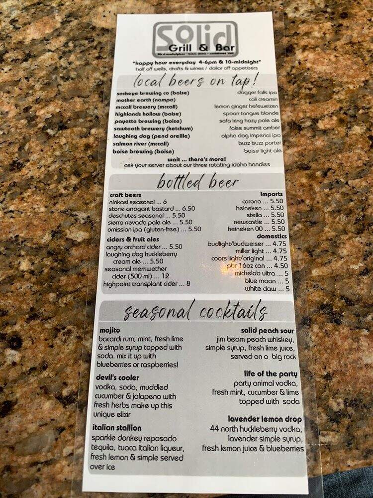 Solid Grill Bar - Boise, ID menu_pic