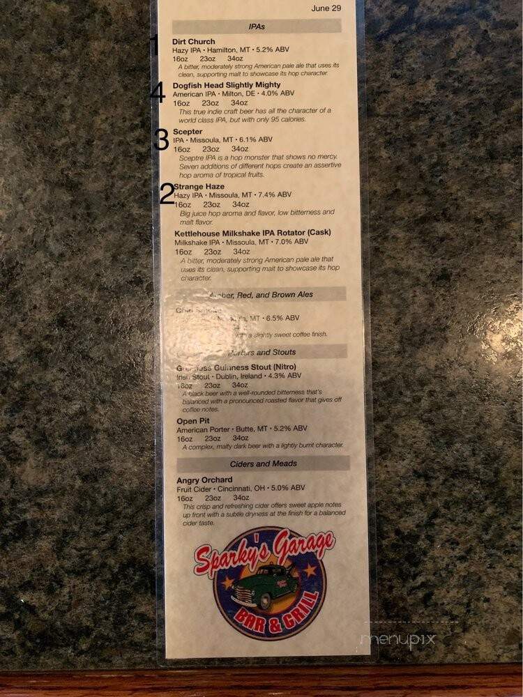 Spark'y Garage - Butte, MT menu_pic
