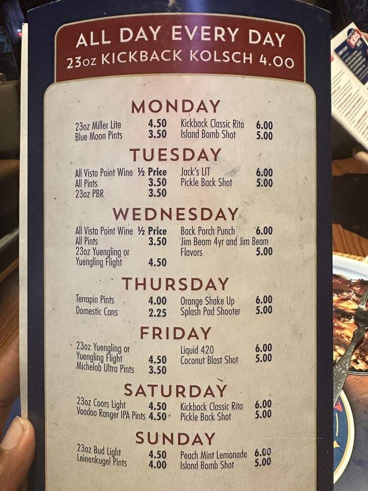 Kick Back Jack's - Greensboro, NC menu_pic