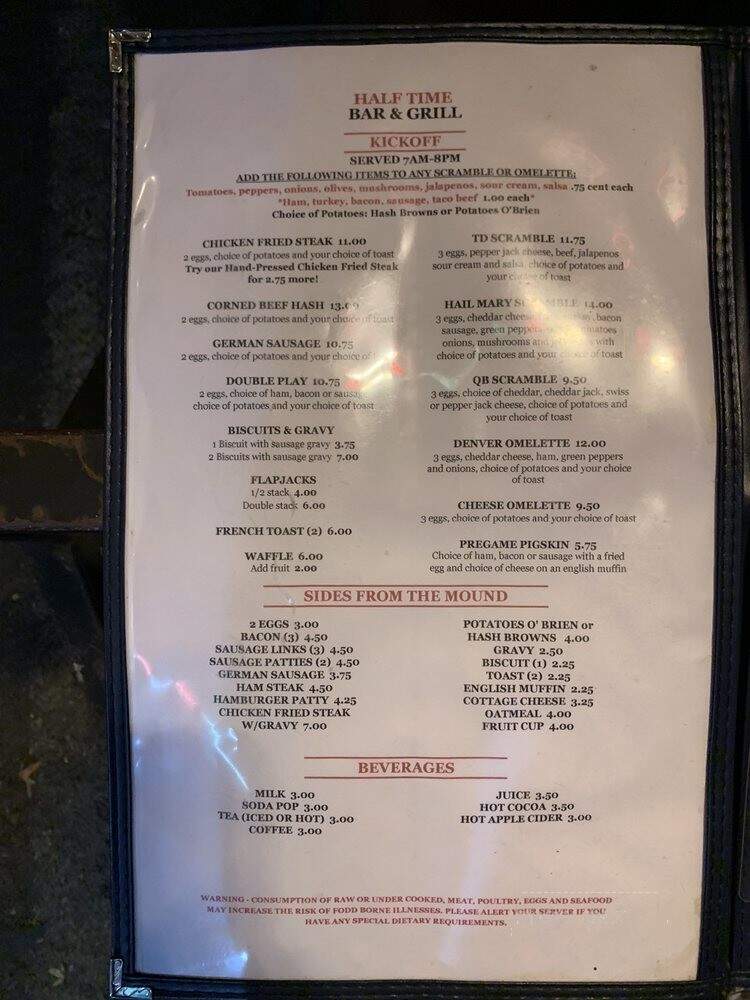 Half Time Bar Grill - Salem, OR menu_pic