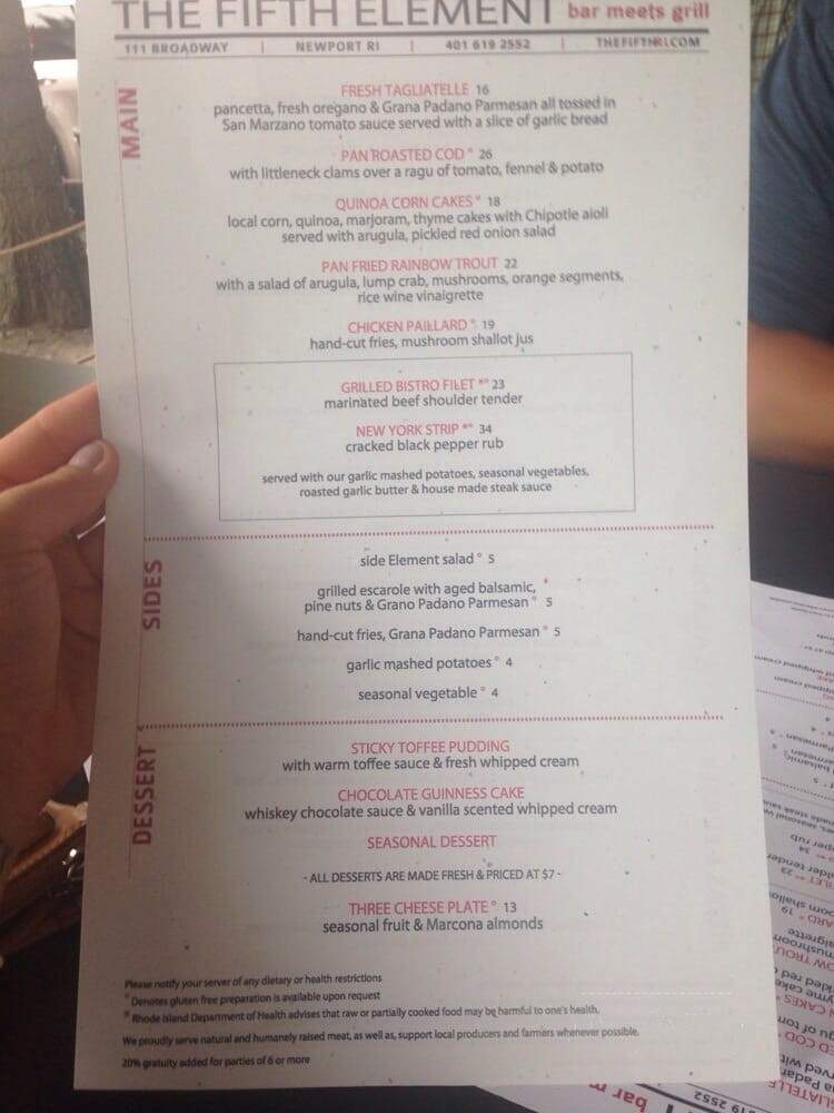 The Fifth Element - Newport, RI menu_pic