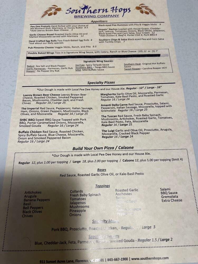 Southern Hops Brewing Company - Florence, SC menu_pic