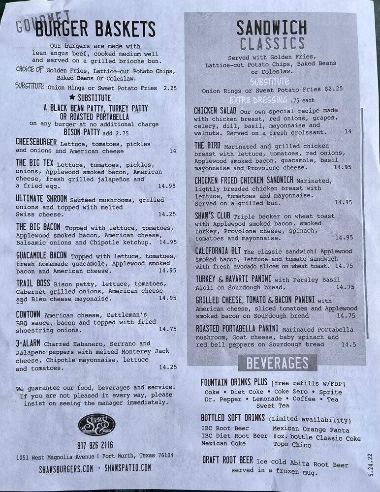 Shaw's Burgers Shakes - Fort Worth, TX menu_pic