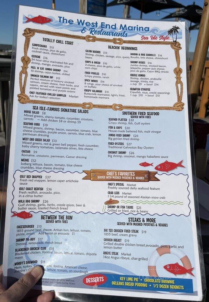 The West End Restaurant Sandbar - Galveston, TX menu_pic