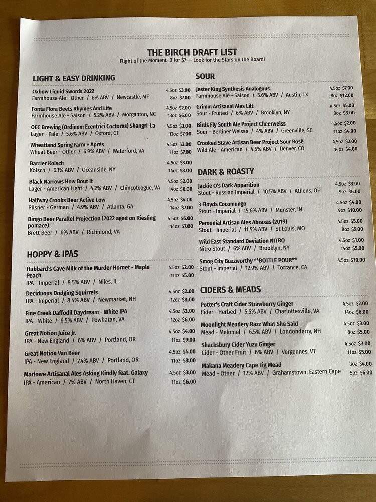 The Birch Bar - Norfolk, VA menu_pic