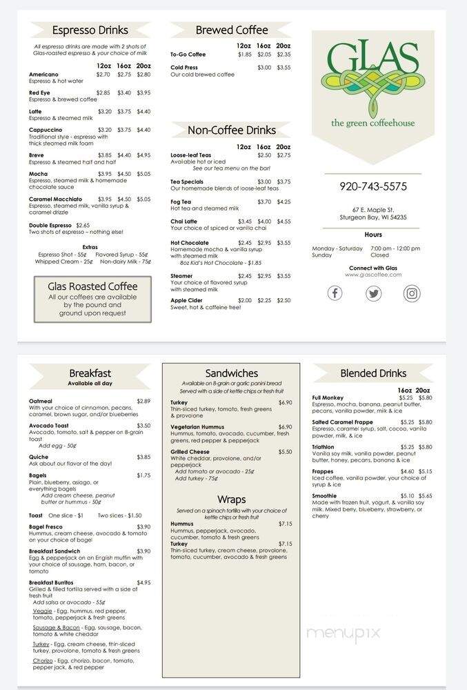 Glas, The Green Coffeehouse - Sturgeon Bay, WI menu_pic