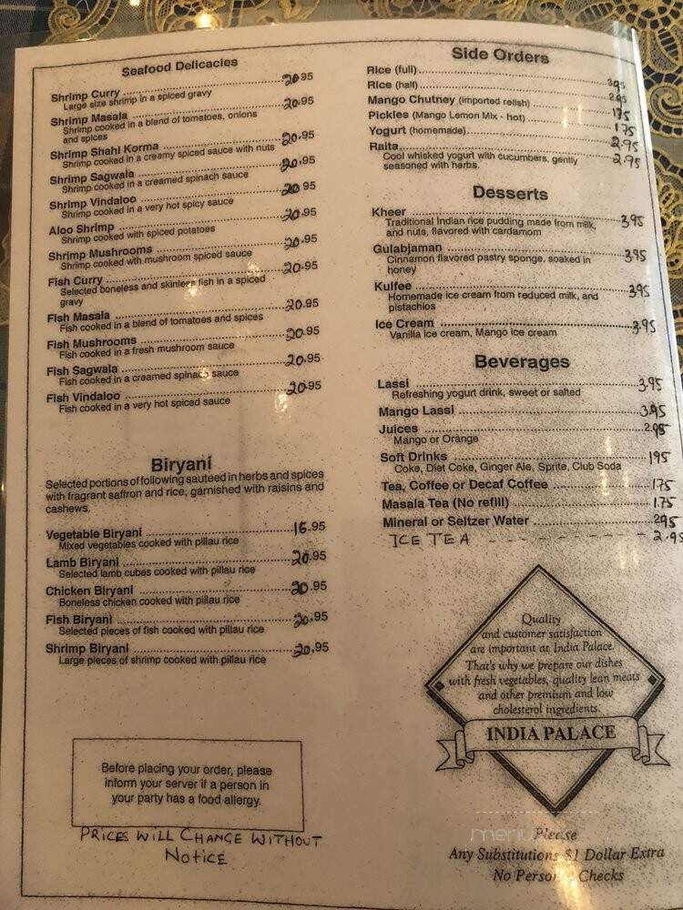 India Palace Restaurant - Northampton, MA menu_pic