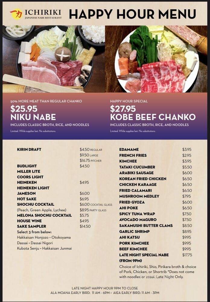 Ichiriki Japanese Nabe Restaurant - Honolulu, HI menu_pic