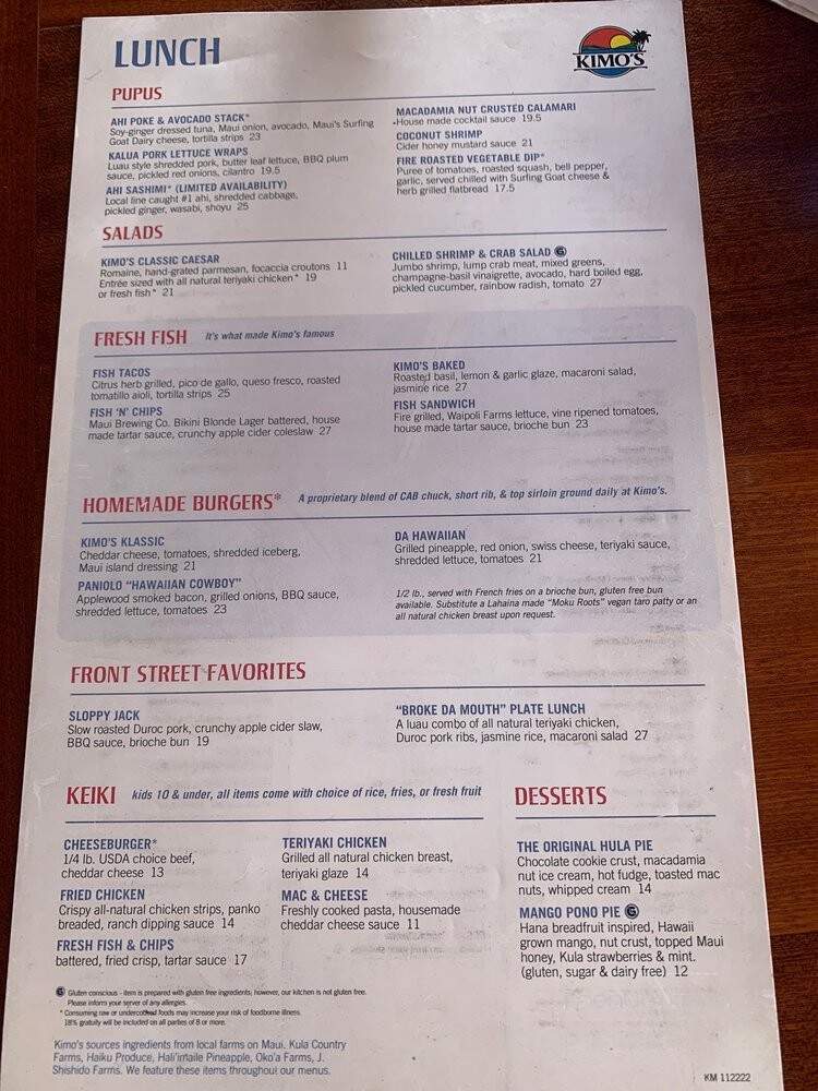 Kimo's Restaurant - Lahaina, HI menu_pic