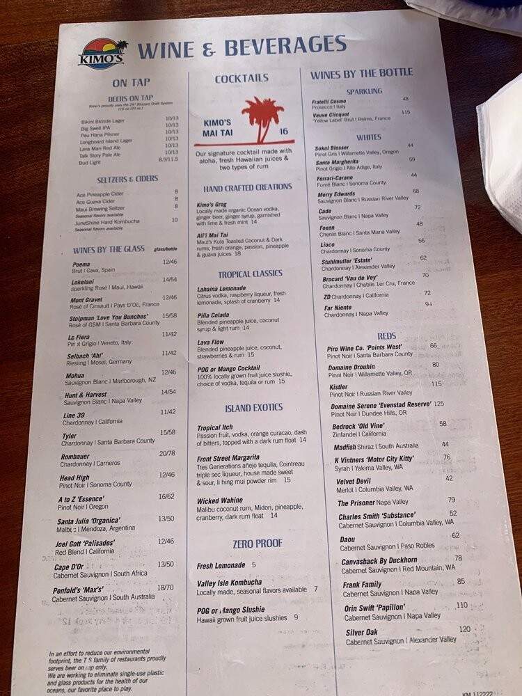 Kimo's Restaurant - Lahaina, HI menu_pic