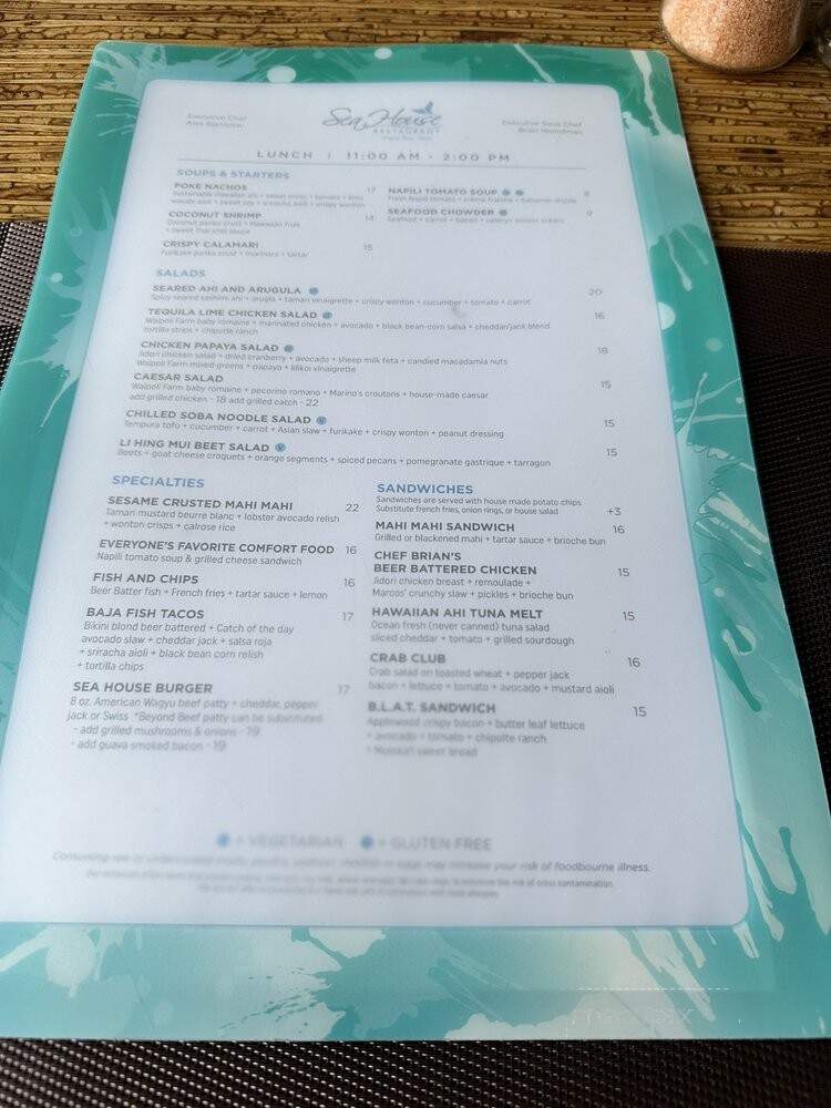 Sea House Restaurant - Lahaina, HI menu_pic