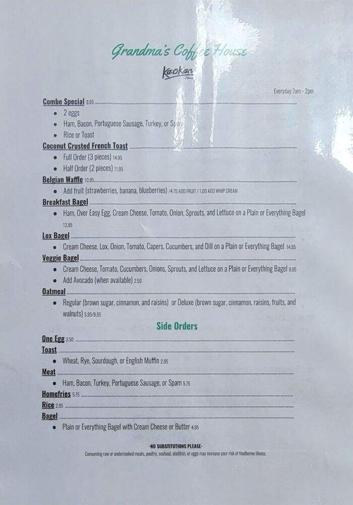 Grandma's Maui Coffee - Kula, HI menu_pic