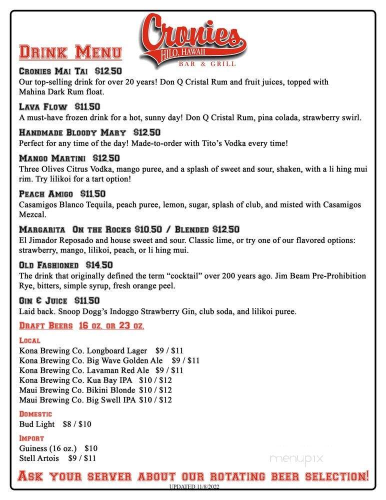Cronies - Hilo, HI menu_pic