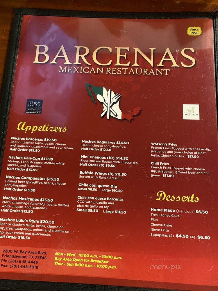 Barcenas Mexican Restaurant - Houston, TX menu_pic