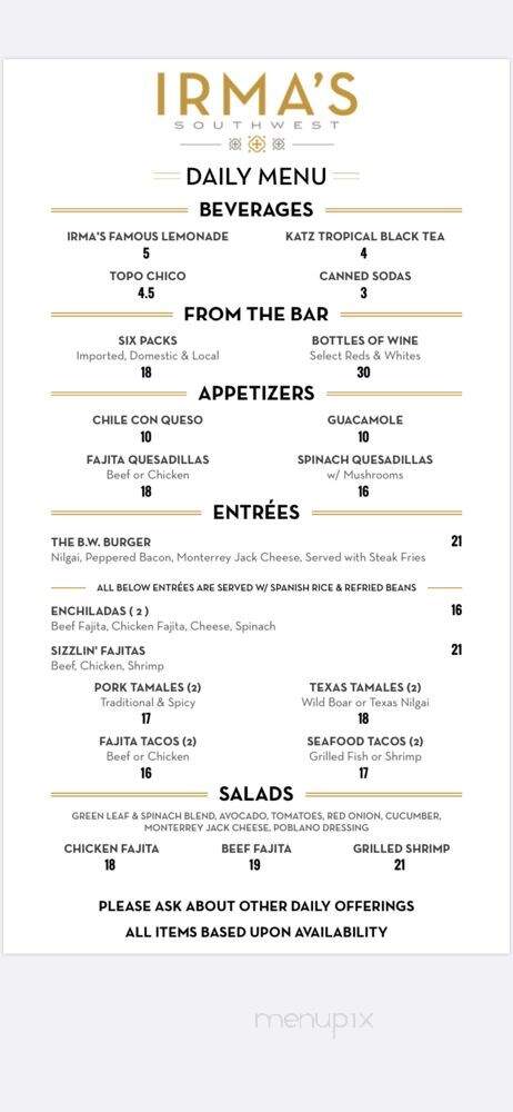 Irma's Southwest Grill - Houston, TX menu_pic