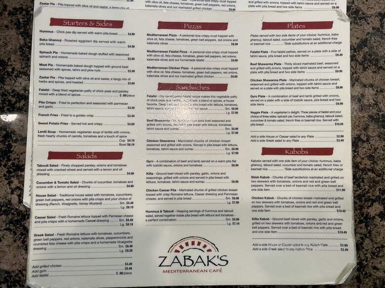 Zabak's Mediterranean Cafe - Houston, TX menu_pic